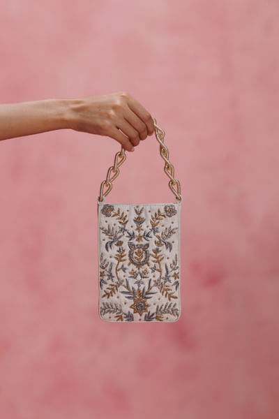 Beige dabka embroidered potli handbag