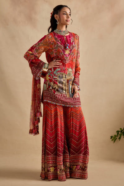 Crimson and orange cutdana embroidered sharara set