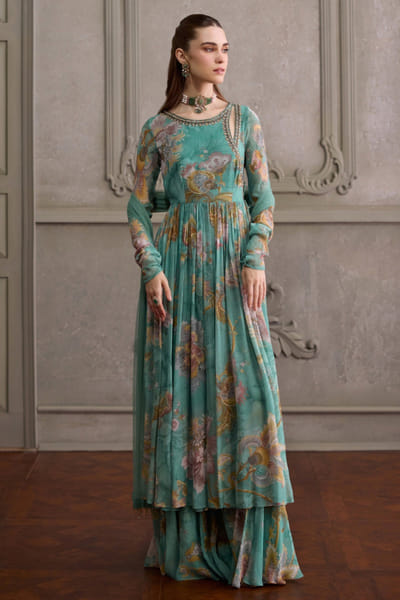 Kalista Mint teal print embroidered angrakha set KALIJUL26D150678