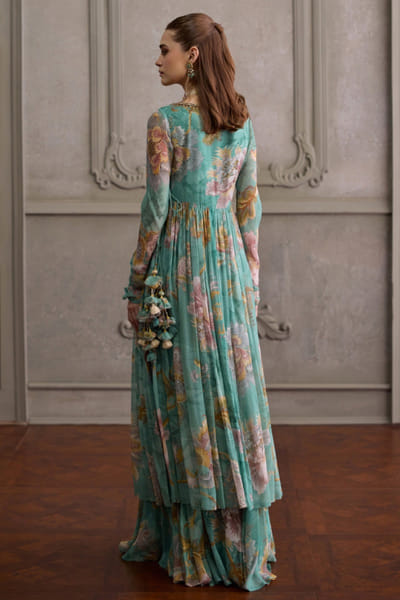 Kalista Mint teal print embroidered angrakha set KALIJUL26D150678