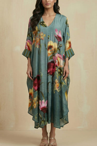 Kalista Dark cyan floral kaftan dress KALIAPR26D142776