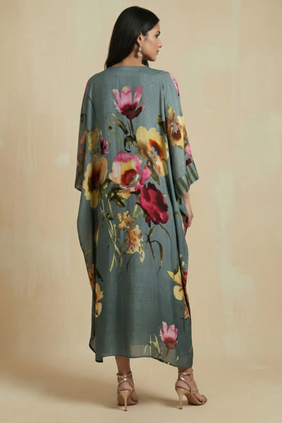 Kalista Dark cyan floral kaftan dress KALIAPR26D142776