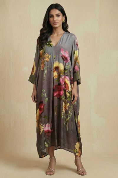 Kalista Stone grey floral kaftan dress KALIAPR26D142777