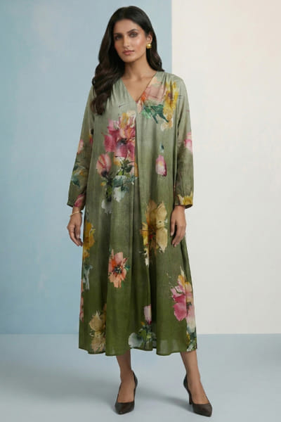 Olive multicolour printed dress