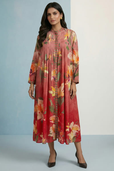 Walnut pleated shirt dress