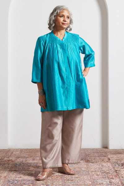 Blue smocked silk chanderi top