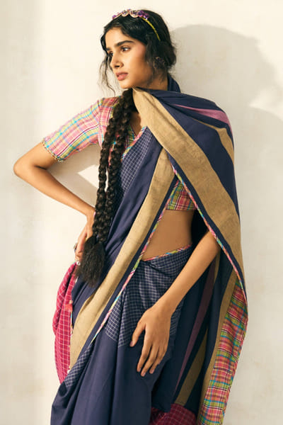 Punch pink check beaded cotton blouse