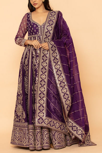 Purple floral embroidered anarkali set