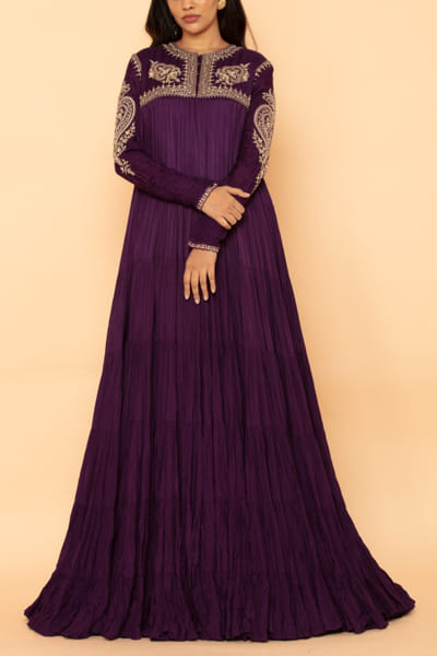Purple club embroidered tiered anarkali
