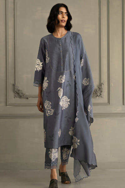 ARCVSH by Pallavi Singh Blue hand block print embroidered tunic set ARCVJUL26D150490