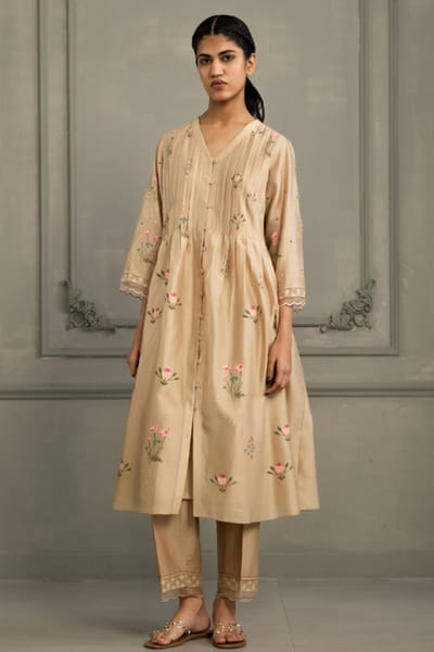ARCVSH by Pallavi Singh Beige hand block print embroidered tunic set ARCVJUL26D150492