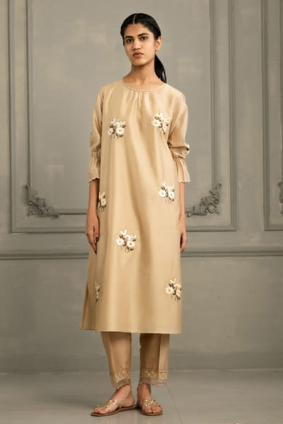 ARCVSH by Pallavi Singh Beige hand block print embroidered tunic set ARCVJUL26D150493
