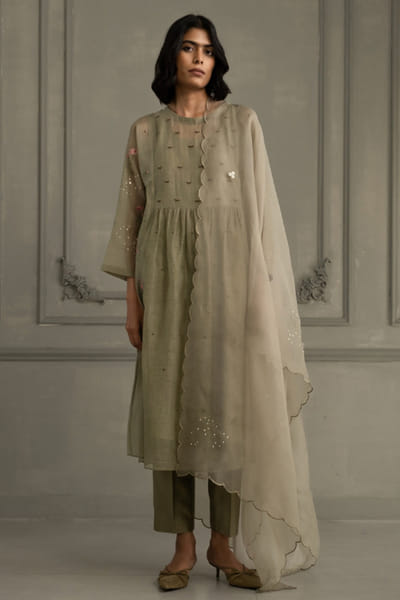 ARCVSH by Pallavi Singh Green hand block print embroidered tunic set ARCVJUL26D150483