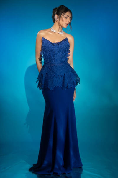 Blue 3D embroidered top and skirt