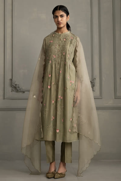 ARCVSH by Pallavi Singh Green hand block print embroidered tunic set ARCVJUL26D150486