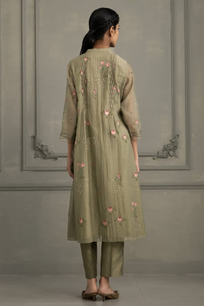 ARCVSH by Pallavi Singh Green hand block print embroidered tunic set ARCVJUL26D150486