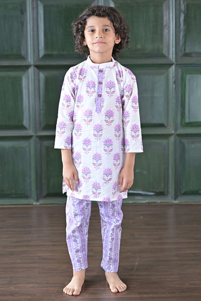 White and purple printed kurta set