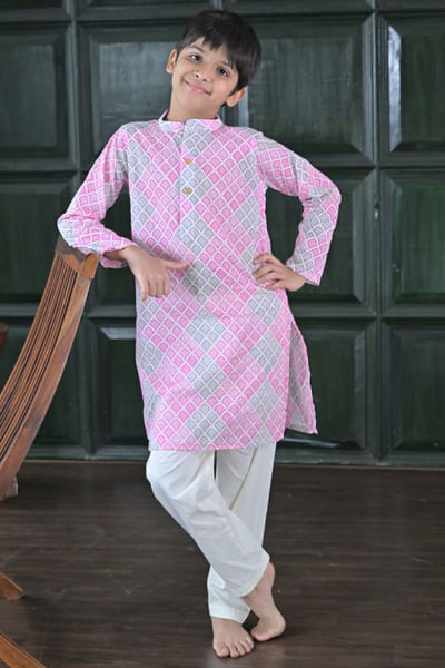 Pink and grey printed kurta set