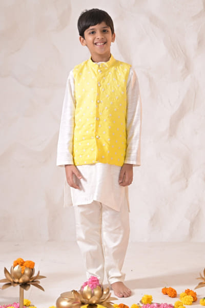 Yellow floral embroidered jacket set