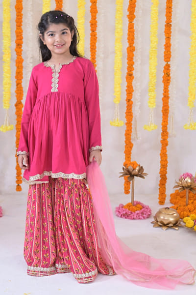 Fuchsia pink printed sharara set