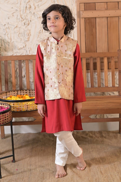 Gold floral woven jacket and kurta set