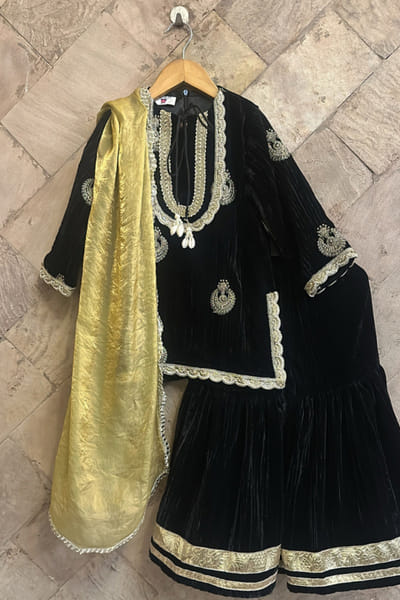 The Plum Bum Black embroidered velvet sharara set THEPAPR26D142991