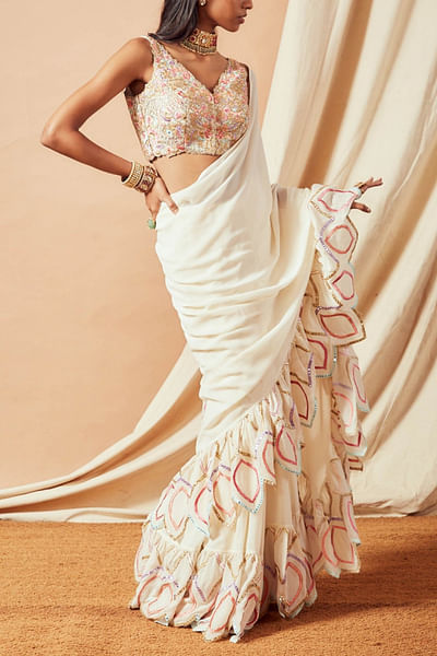 Ivory cutwork ruffle sari set