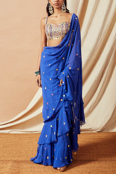 Blue georgette ruffle sari set