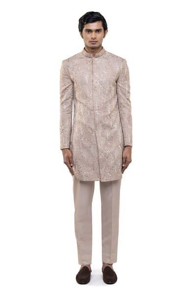 Old rose tropical embroidered sherwani set