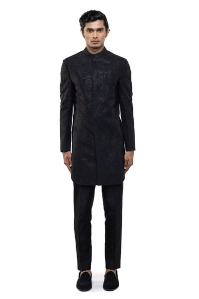 Black tropical embroidered sherwani set
