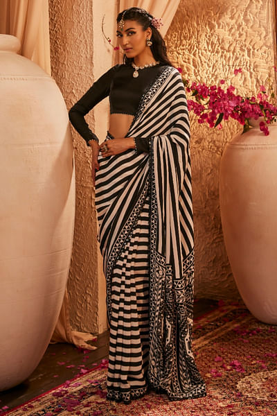 Black and white stripe printed sari set