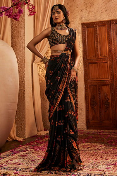 Black floral printed sari set