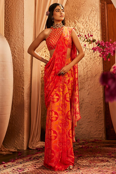 Red and orange floral printed draped sari set