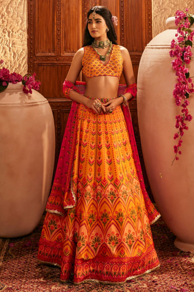 The Royaleum Atelier Pink and yellow floral printed lehenga set THEAPR25D123086