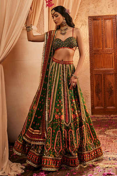 Green floral printed lehenga set