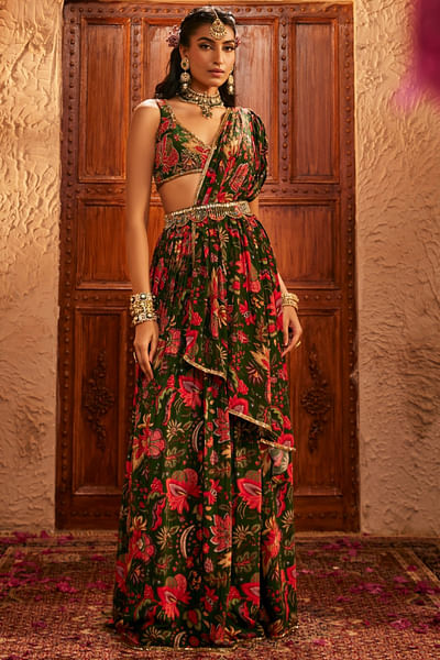 Green floral printed draped sari set