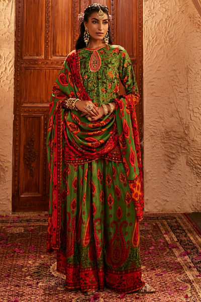 Green paisley printed sharara set