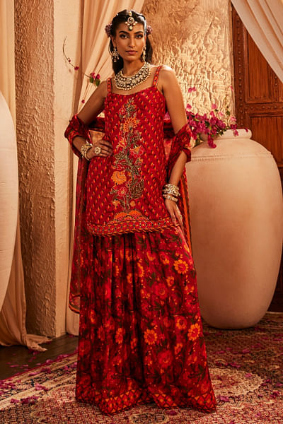 Red floral printed sharara set