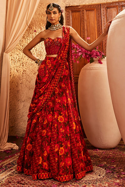 Red floral printed draped lehenga sari set