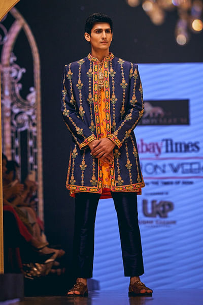 Blue floral embroidered jacket set