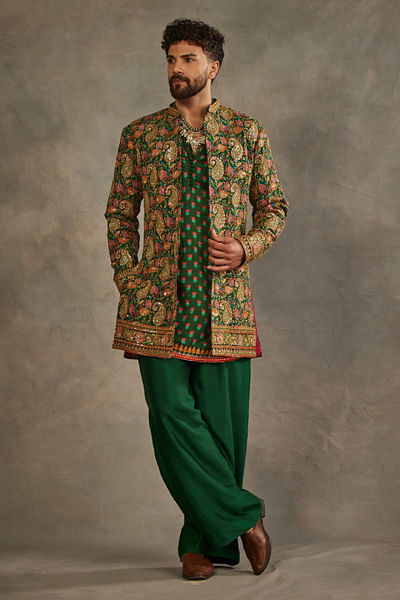 Green paisley print and embroidered jacket set