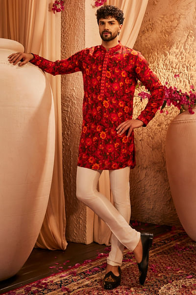 Red floral printed kurta