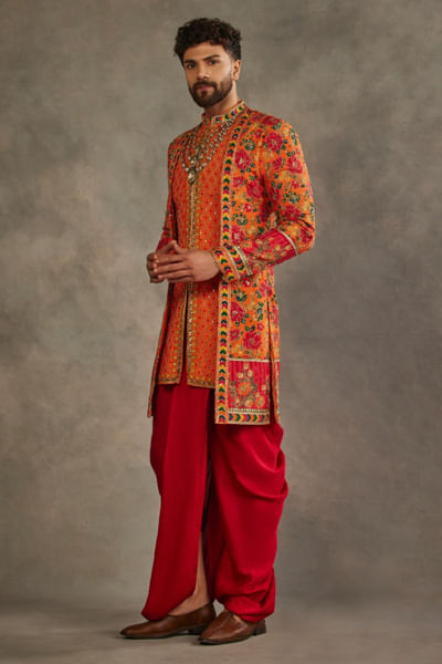 Orange floral embroidered jacket set
