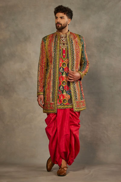 Multicolour stripe embroidered jacket set