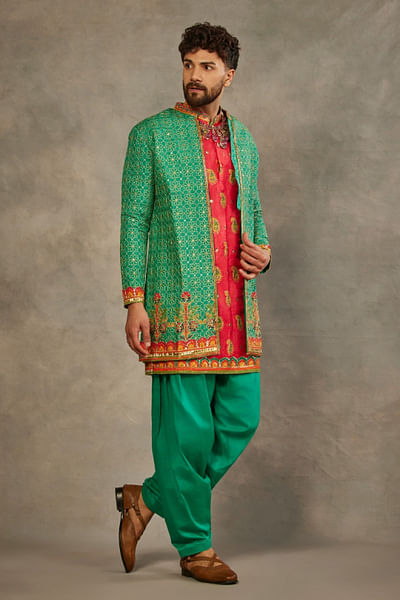 Green geometric floral embroidered jacket set