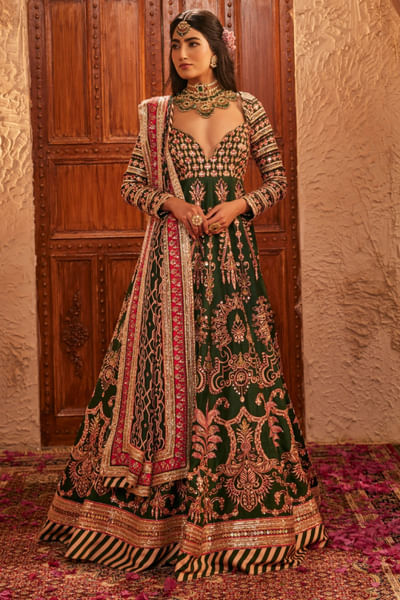 Bottle green hand embroidered anarkali set