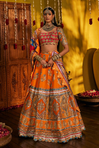 Orange mirror and gota embroidered lehenga set
