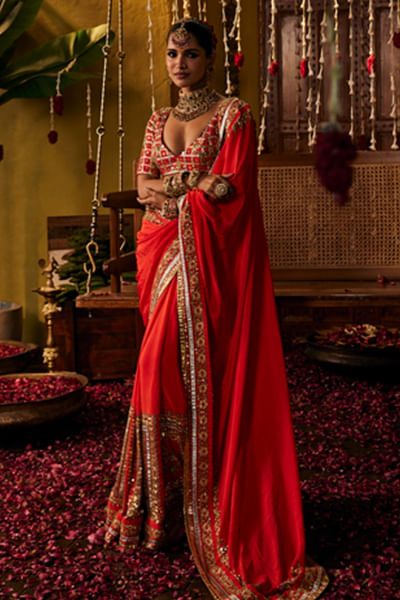 Red mirror and gota embroidered sari set