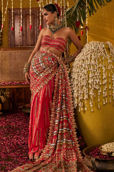 Rani pink hand embroidered pre-draped sari set