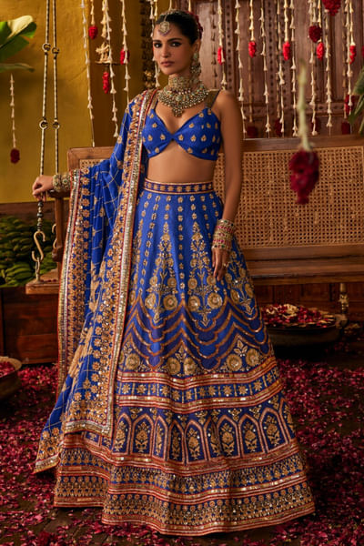 Royal blue hand embroidered lehenga set